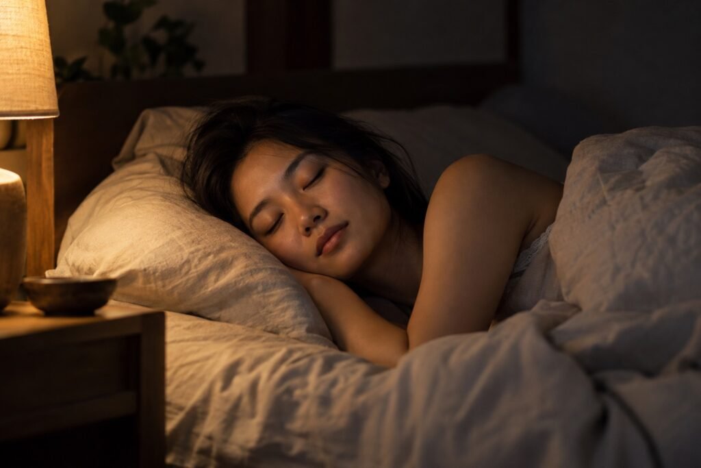 Người phụ nữ nằm trên giường trong phòng tối, mắt vừa khép, sắp chìm vào giấc ngủ