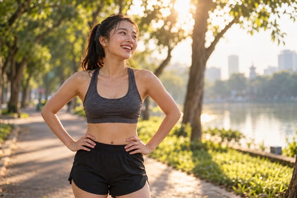 Cô gái vừa chạy bộ xong trong công viên lúc bình minh, tay chống hông, thở dốc và mỉm cười