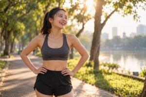Cô gái vừa chạy bộ xong trong công viên lúc bình minh, tay chống hông, thở dốc và mỉm cười
