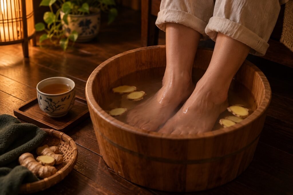 Đôi chân ngâm trong chậu gỗ nước ấm có muối và lát gừng, bên cạnh tách trà nóng