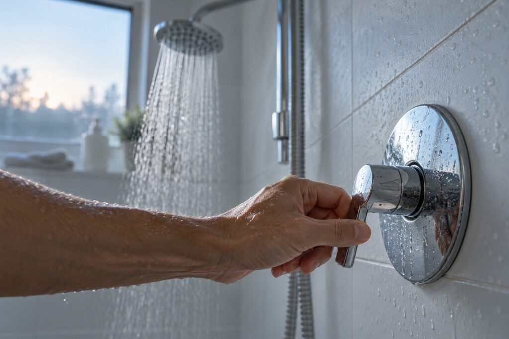Bàn tay vặn cần gạt vòi sen sang phía nước lạnh lúc sáng sớm