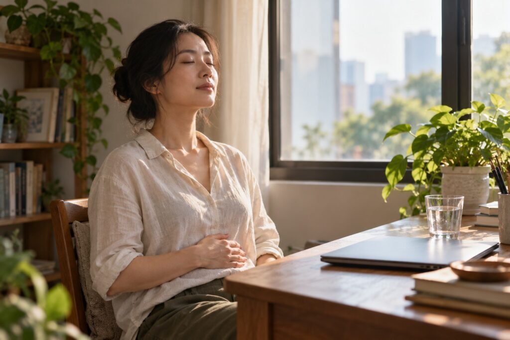 Người phụ nữ ngồi bên cửa sổ, nhắm mắt, một tay đặt trên bụng, thở chậm