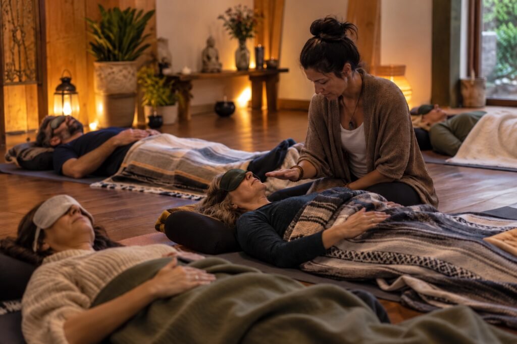 Nhiều người nằm trên thảm, đeo bịt mắt, thở sâu trong phòng ấm; người hướng dẫn ngồi cạnh một người tham gia