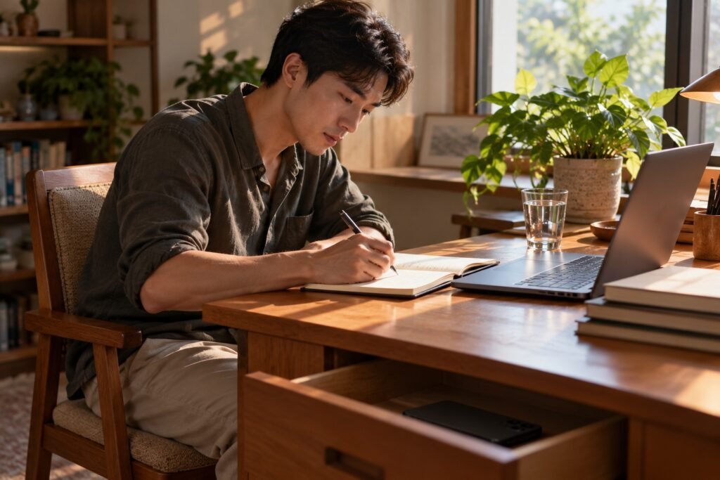 Người đàn ông tập trung ghi chép bên bàn gỗ, điện thoại úp trong ngăn kéo mở hé