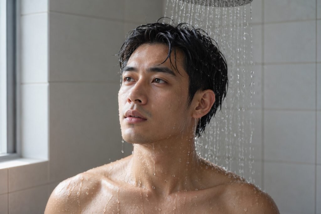 Người đàn ông đứng dưới vòi sen, nhìn xa xăm như vừa nghĩ ra điều gì