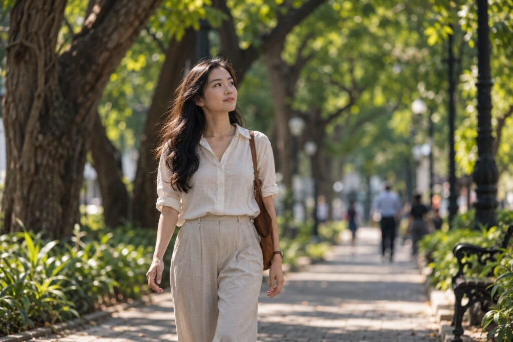Người phụ nữ đi bộ một mình dưới hàng cây trong công viên, không đeo tai nghe, mắt nhìn lên như đang nghĩ