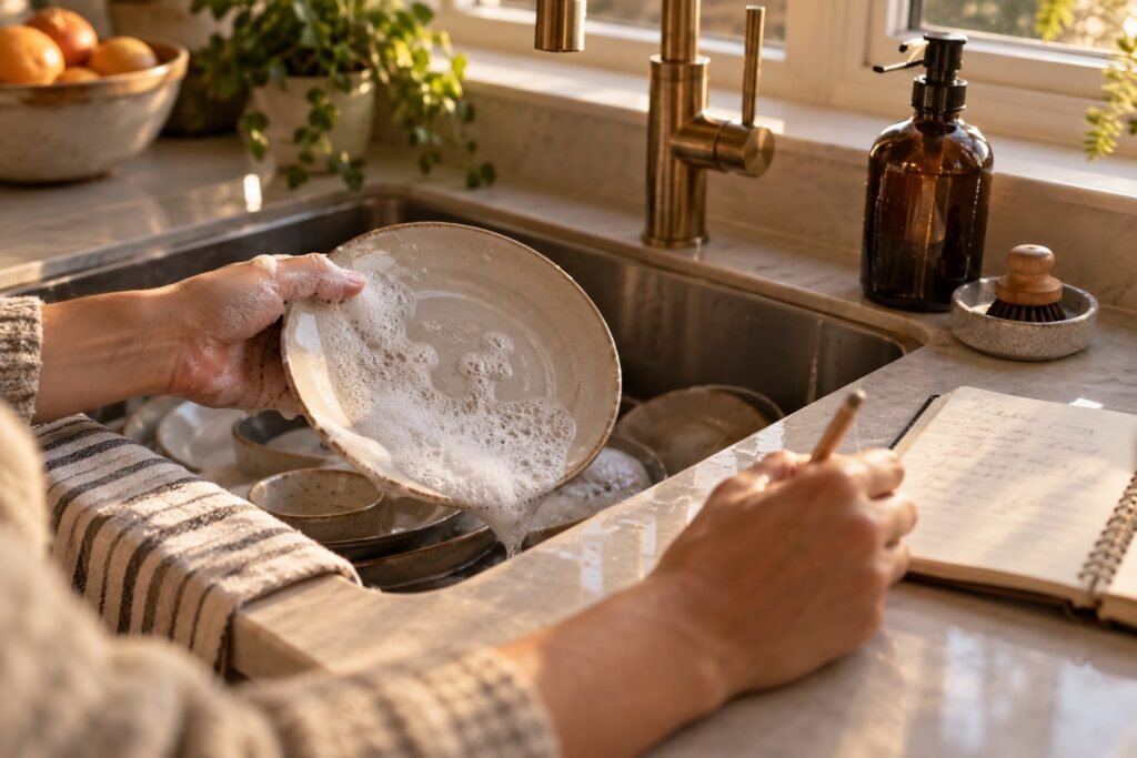 Một tay cầm đĩa đầy bọt xà phòng, tay kia ghi nhanh vào cuốn sổ cạnh bồn rửa